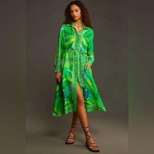 NWT FARM Rio Macaw Scarf Chemise Green Midi Shirtdress Shirt Dress S Small